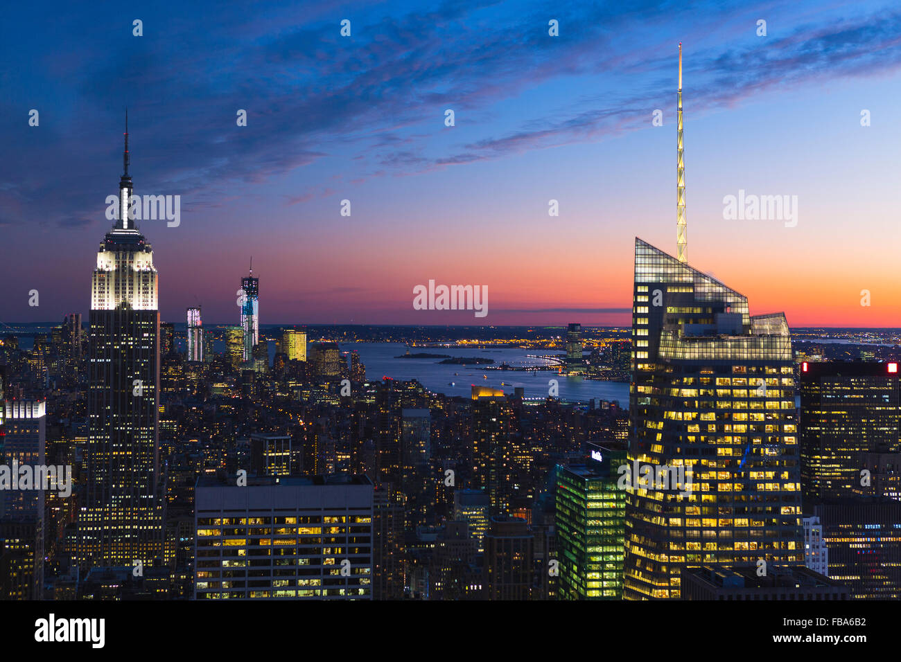 USA, New York State, New York City, Skyscrapers on Manhattan at dusk Stock Photo