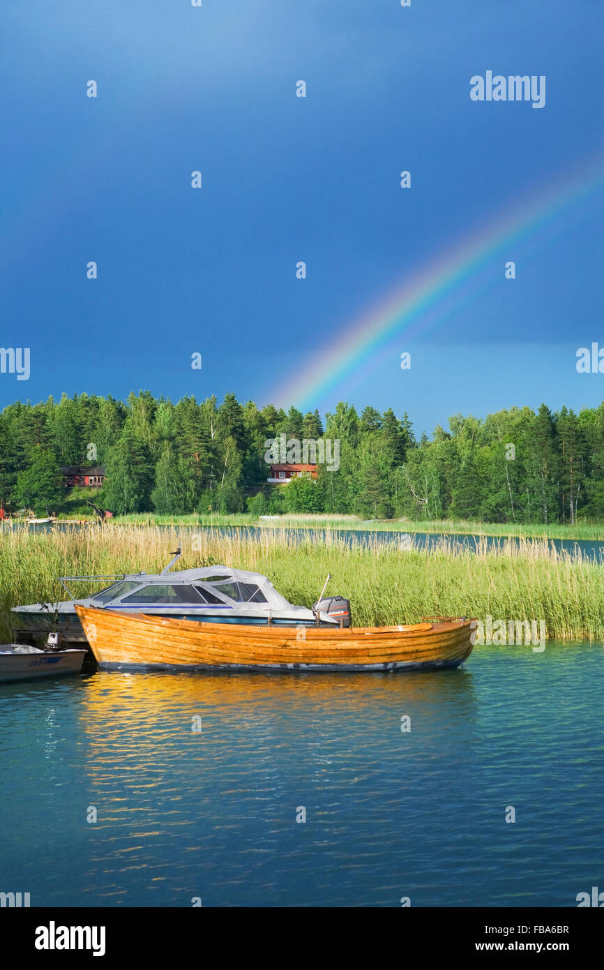 Sweden, Uppland, Stockholm Archipelago, Loparo, Rainbow over forest Stock Photo