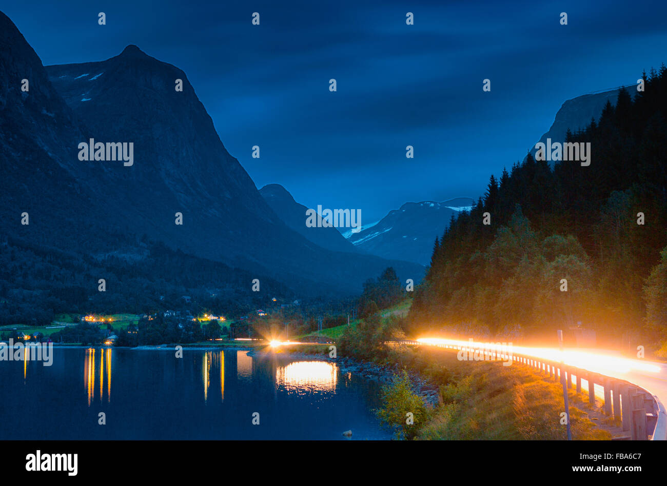 Norway, Sogn og Fjordane, Stryn, Mountain lake at night Stock Photo