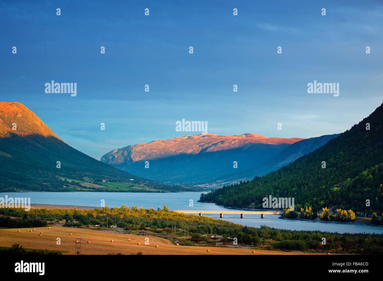 Norway, Gudbrandsdal, Landscape with river at sunset Stock Photo