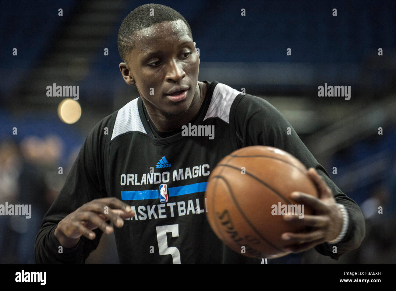 London, UK. 13th January, 2016. Orlando Magic, Guard Victor Oladipo [#5] at the Media day ahead of the NBA Global Games London 2016. Orlando Magic and the Toronto Raptors Credit:  Stephen Bartholomew/Alamy Live News Stock Photo