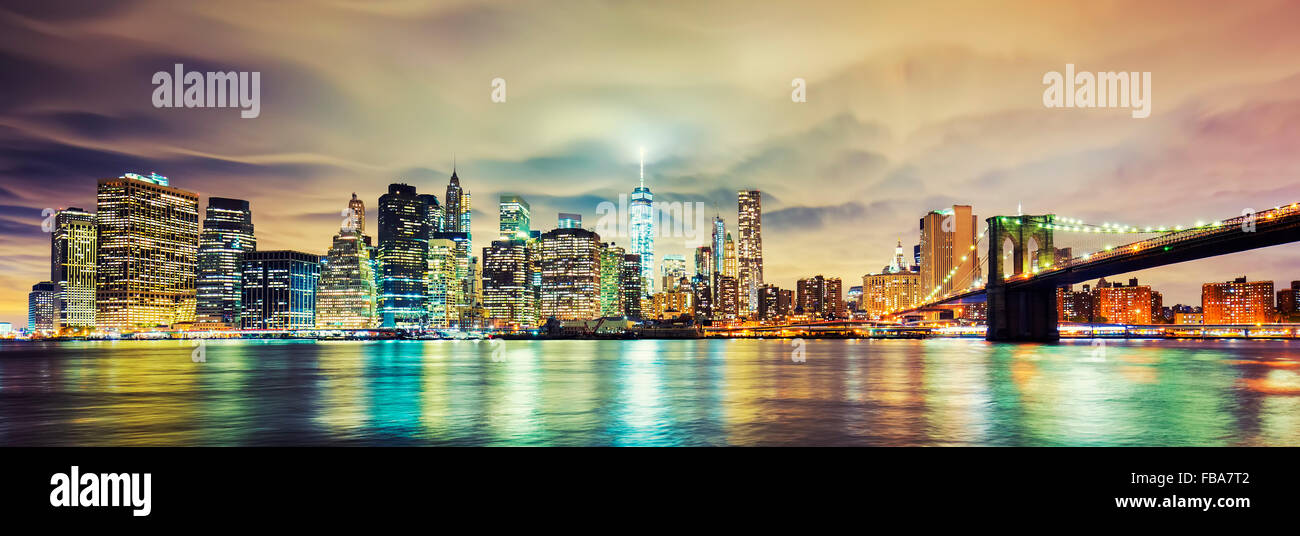 Panoramic view of Manhattan at night, New York City Stock Photo - Alamy