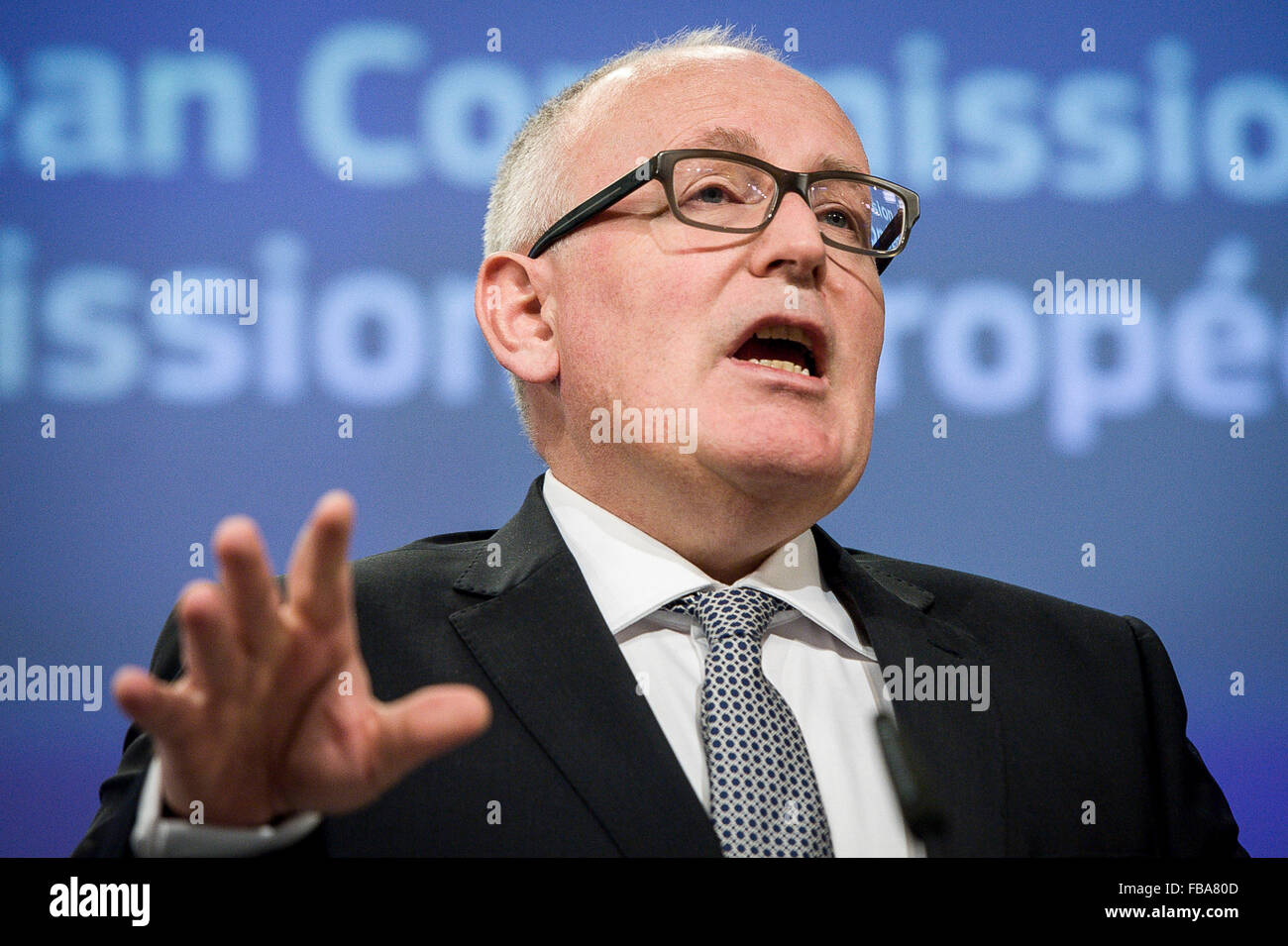 Frans Timmermans, First vice-president of the European Commission for better regulation, inter-institutional relations, the rule of law, and the Charter of Fundamental Rights holds a press conference at European Commission headquarters in Brussels, Belgium on 13.01.2016 The European Commission decided to carry out 'preliminary assessment' on the issue of Polish constitutional court under rule of law procedure by Wiktor Dabkowski Stock Photo