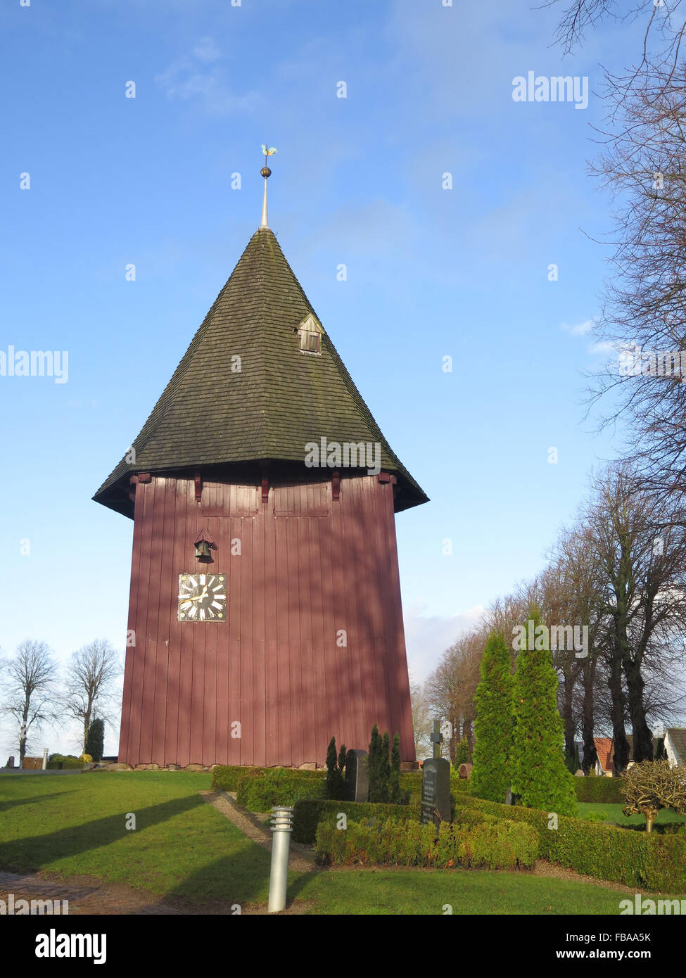 Broager church wooden clock tower, Denmark Stock Photo