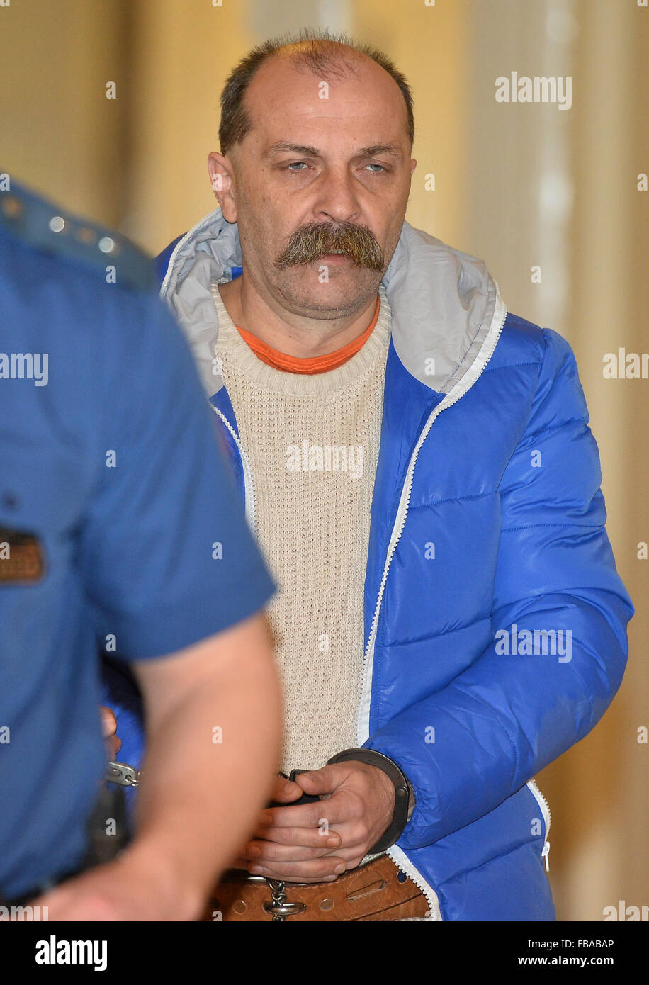 Court to deal with extradition of Petr Karlik (pictured), suspected of participation in illegal transport of migrants to Belgium took place in Prague, Czech Republic, January 13, 2016. The Prague Municipal Court approved the extradition of another Czech charged with people smuggling, Petr Karlik, to Belgium. On January 12, the court agreed with the extradition of Zdenek Grundza, who is suspected of masterminding the illegal transport of migrants from Albania, Syria, Macedonia and Kosovo to Britain in 2013-2015, as a member of an organised Czech-Albanian gang. Karlik allegedly worked as a drive Stock Photo