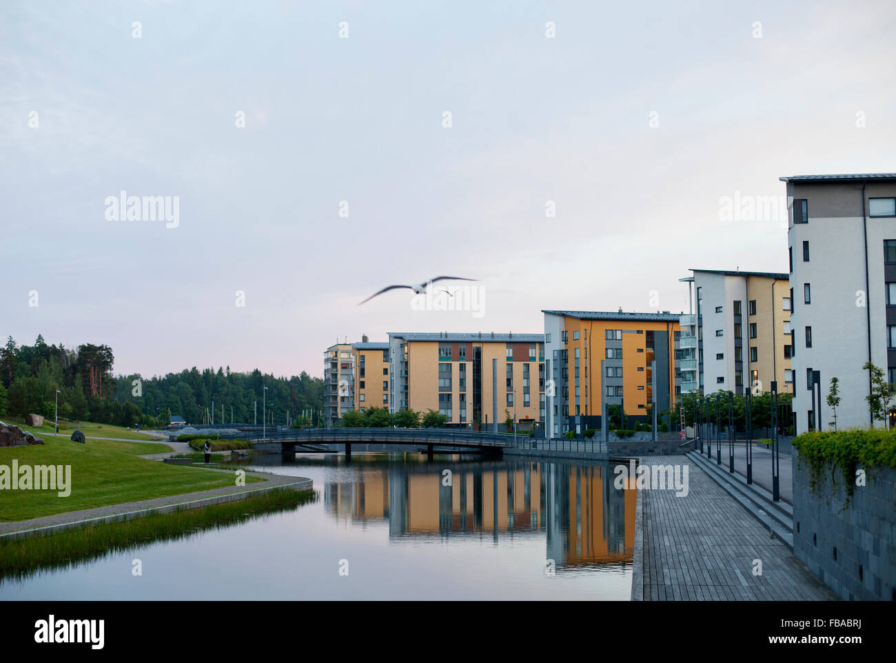Finland, Uusimaa, Helsinki, Vuosaari, Flying birds against residential buildings along canal at dusk Stock Photo