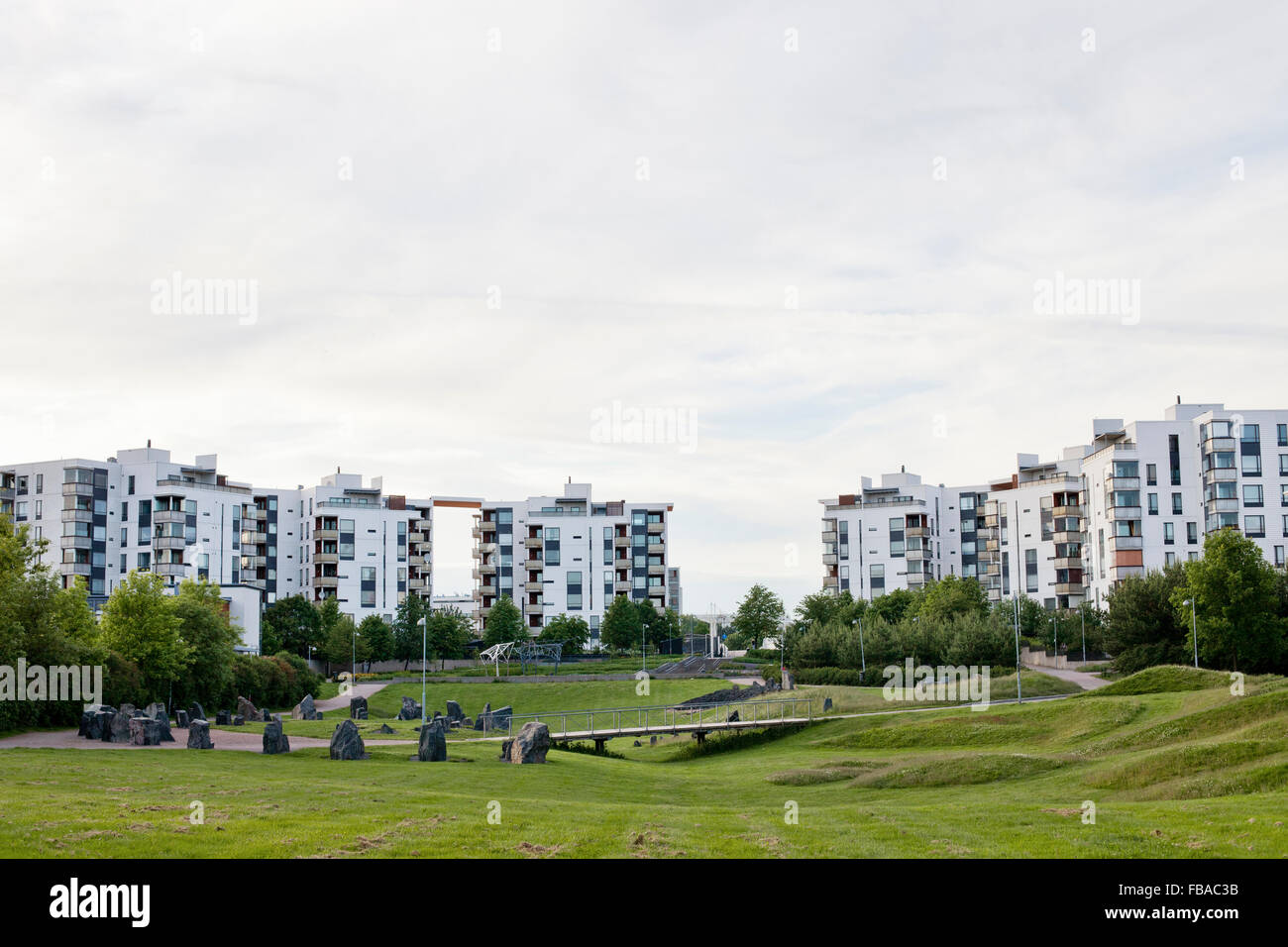 Finland, Uusimaa, Helsinki, Vuosaari, Green park in residential district Stock Photo