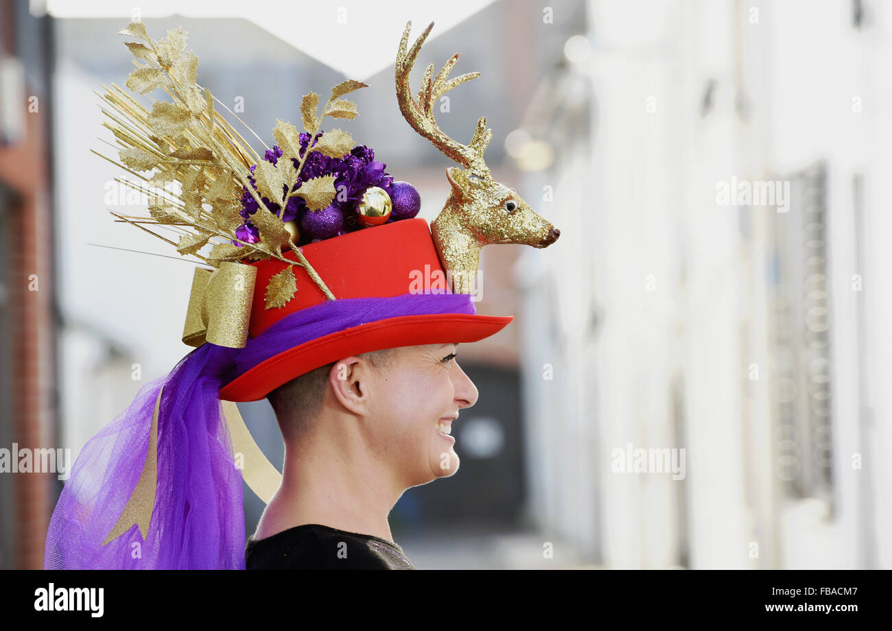 Sara Cutting from Brighton wearing one of her wacky quirky Christmas hats Stock Photo