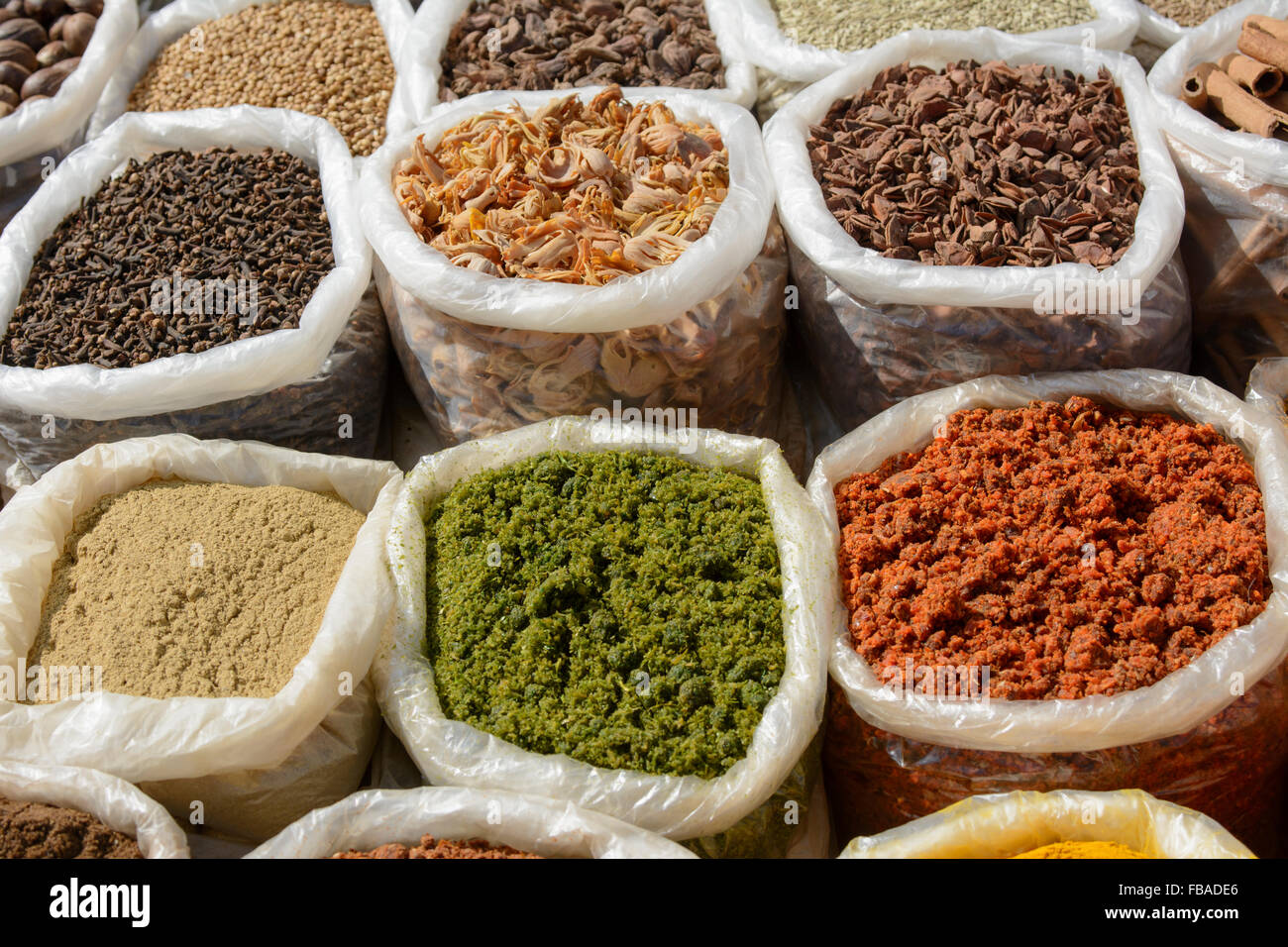 Indian spices on sale at Mapusa's lively Friday market, Mapusa, North Goa, India Stock Photo