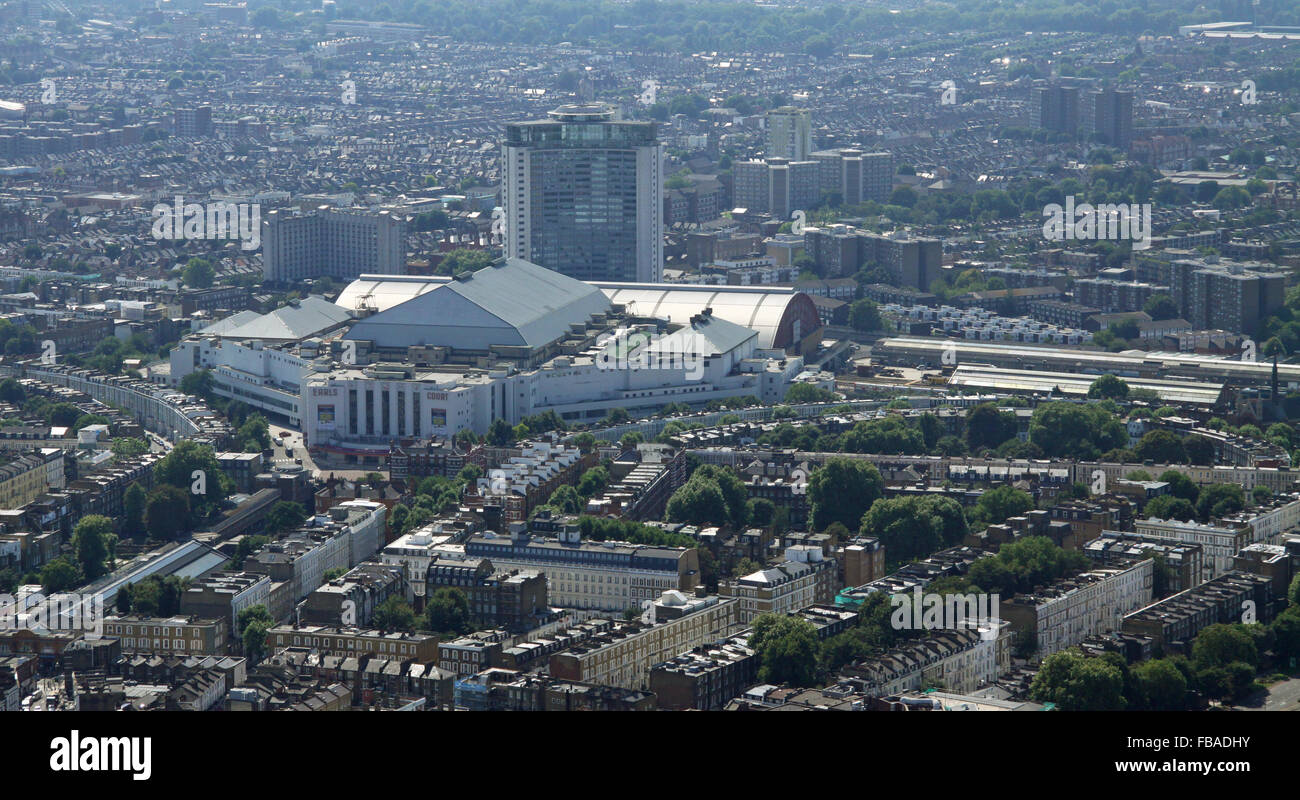 long range aerial view of Earls Court Exhibition Centre, London SW5 Stock Photo