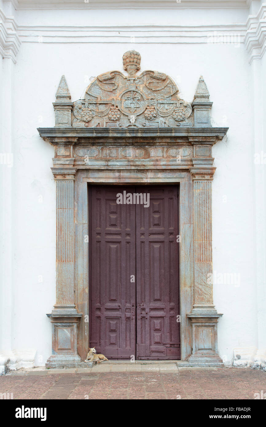 A dog rests at the entrance to the Se Cathedral in Old Goa (Velha Goa), Goa, India Stock Photo
