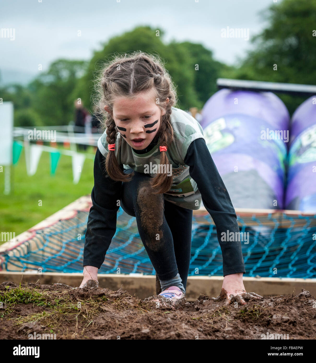 Action in the Fruit Shoot Mini Mudder challenge at Drumlanrig Castle, Dumfries and Galloway, Scotland Stock Photo