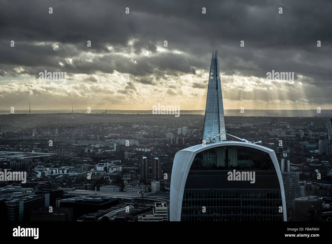 View across London cityscape, Walkie Talkie and the Shard Stock Photo