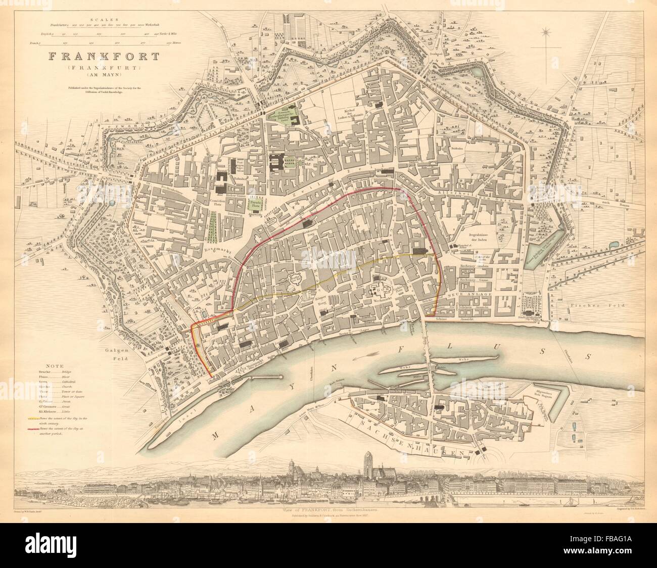 FRANKFURT AM MAIN. Antique town city map plan. Panorama.am Mayn. SDUK, 1844 Stock Photo