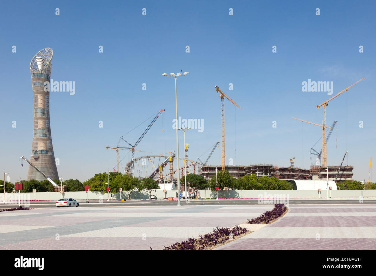 The Aspire tower and Khalifa Stadium under total renovation in Doha Stock Photo