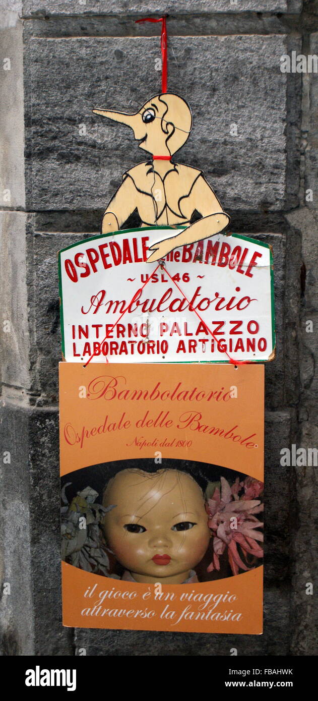 Sign for the doll hospital, Naples, Italy Stock Photo