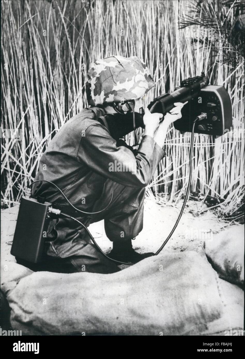 1966 - World's Smallest Radar Device Developed.: Weighing only 2 pounds a rad device has been developed for use by U.S. infantrymen. So small that if can be attached to a rifle, grenade launcher, etc. the radar is said to be of vital value in seeking cut an enemy., moving undercover of harvest field or other dense undergrowths. The lighweight device built by RCA engineers also detects movement of men, jeeps trucks, and tanks by night. Photo shows. Infantryman seen using the new light weight, 2 lb. radar device. It can ''see''through the corn field. (Credit Image: © Keystone Pictures USA/ZUMAPR Stock Photo