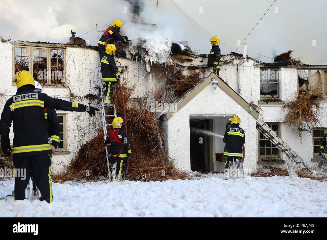 Bovey, Devon, UK. 13th January, 2016. Fire crew at Ring of Bells Pub in ...
