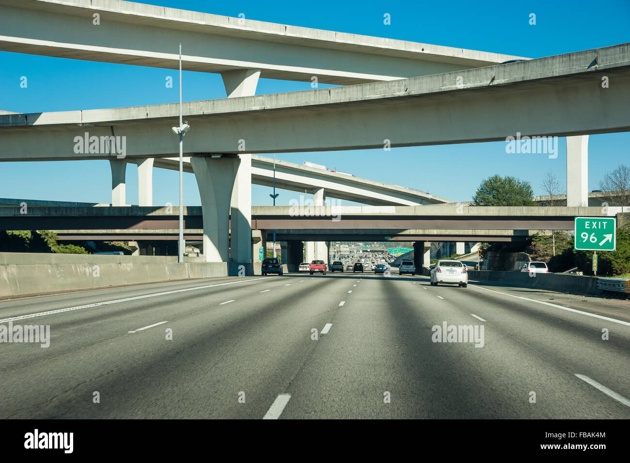 Atlanta, Georgia's Spaghetti Junction, where I-85 and I-285 cross paths amidst a jumble of interstate exits and connectors. USA. Stock Photo