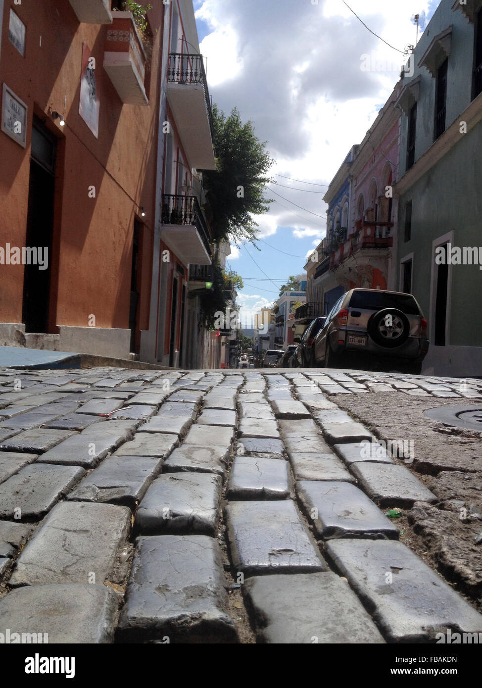 Small cobblestone street in Old San Juan, Puerto Rico. Stock Photo