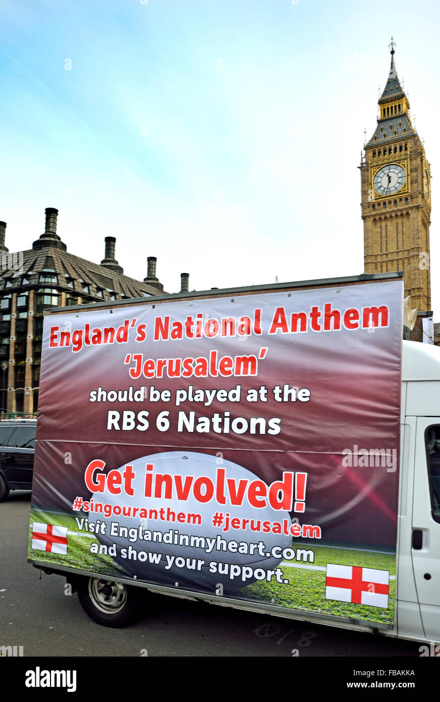 London, UK. 13th Jan 2016. A van drives round and round Parliament Square blasting out 'Jerusalem' as MPs inside the Commons debate whether England should have its own National Anthem like the Scots and the Welsh. 'Jerusalem' is one of the front runners. The motion was passed and will get a second reading on March 4th. Credit:  PjrNews/Alamy Live News Stock Photo