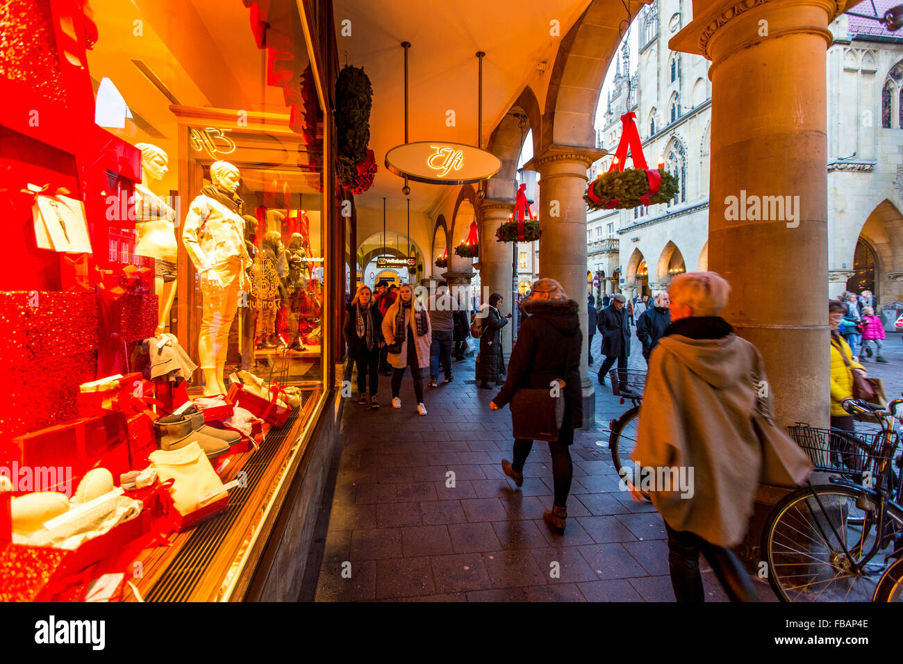 Old town city arcades in the old town, Münster, Westfalia, Germany, Christmas shopping, Stock Photo