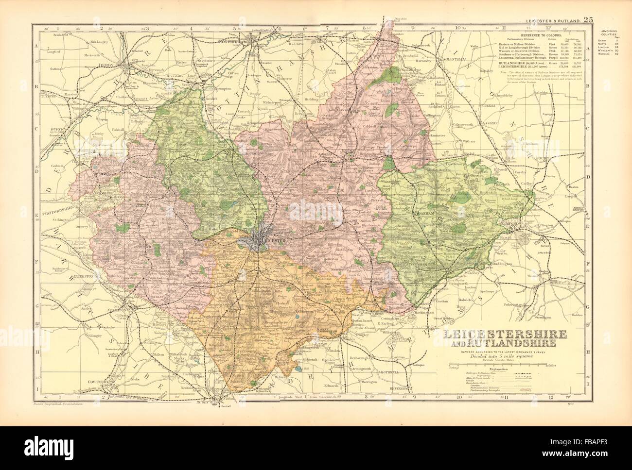 LEICESTERSHIRE AND RUTLANDSHIRE. Parliamentary divisions & parks. BACON 1904 map Stock Photo