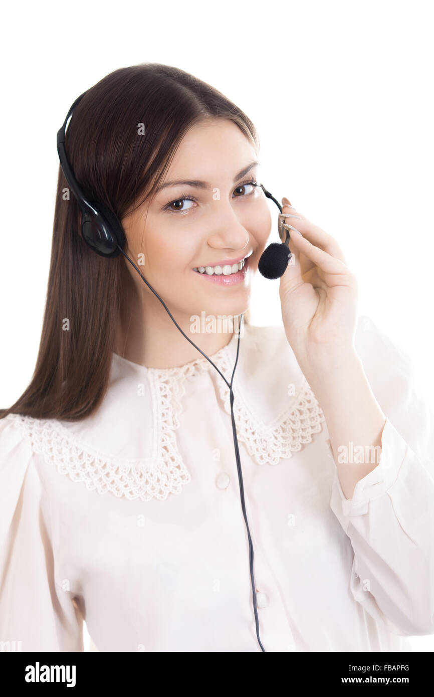 Call center operator with headphones and microphone, customer service