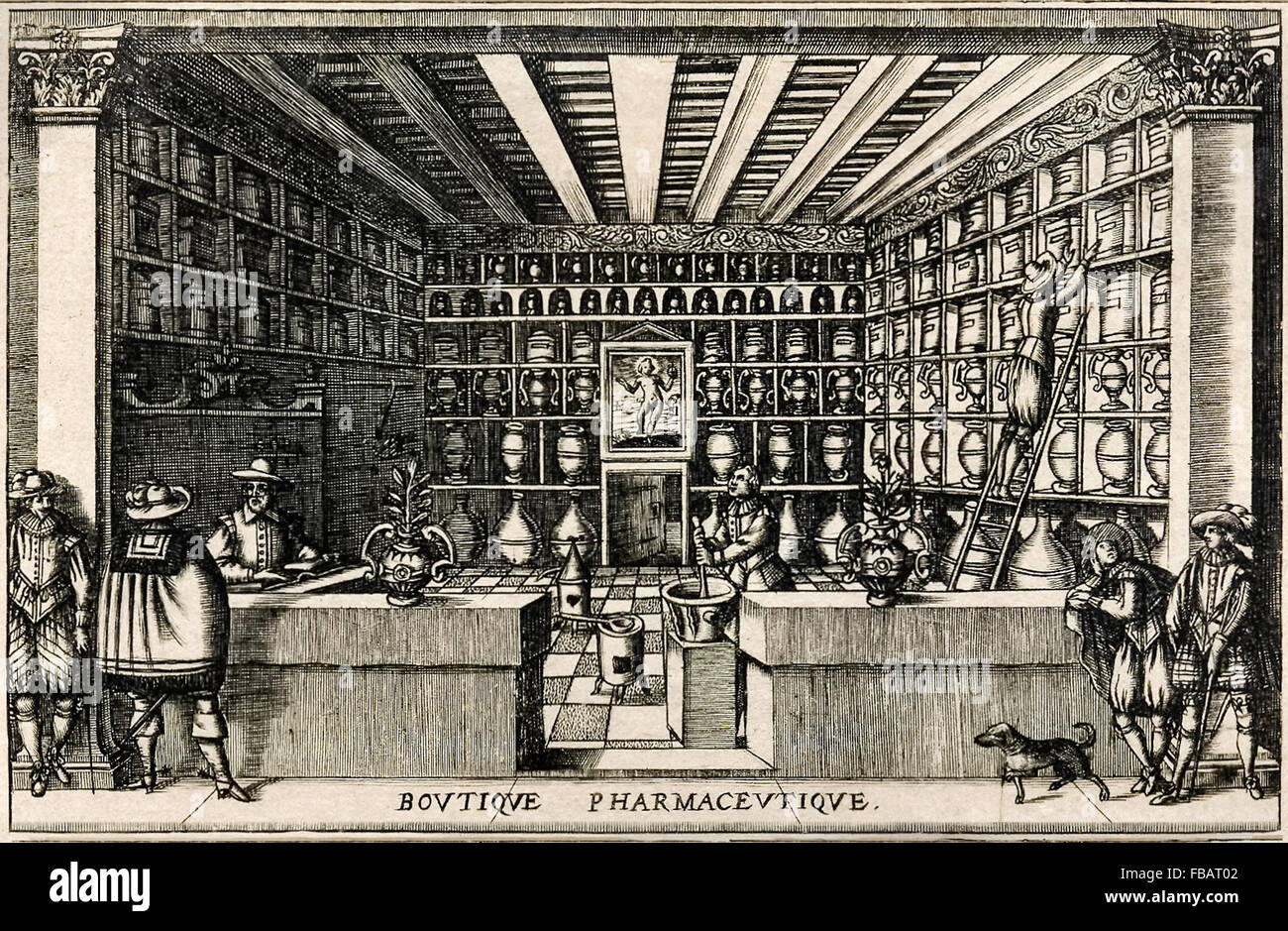 Illustration showing the inside of a French apothecary (pharmacist) in the early 17th century. See description for more information. Stock Photo