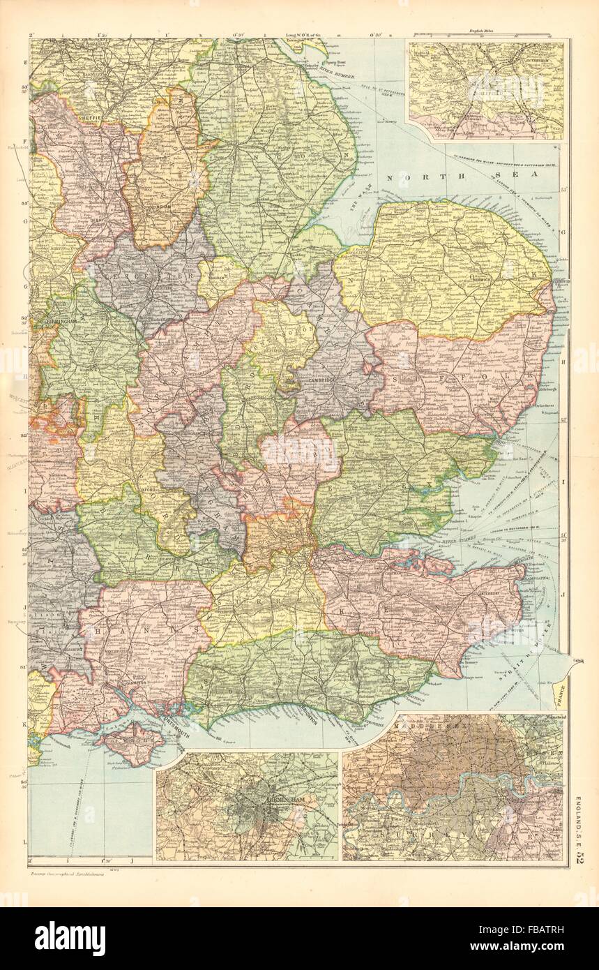 ENGLAND SOUTH EAST MIDLANDS. Sheffield Birmingham London.Railways.BACON 1904 map Stock Photo