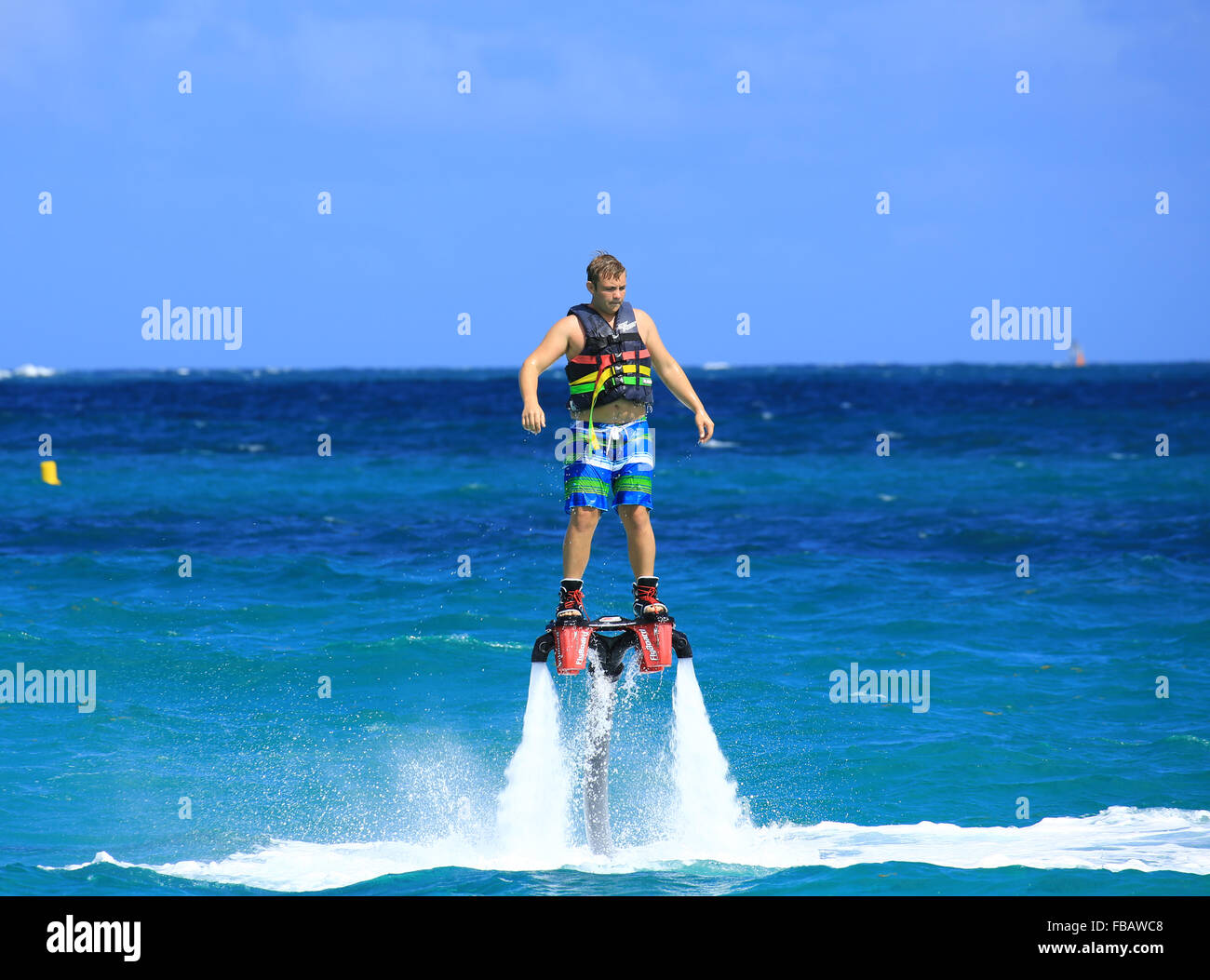 Fly Boarding at Orient Bay on the Caribbean Island of St. Martin in the French West Indies Stock Photo