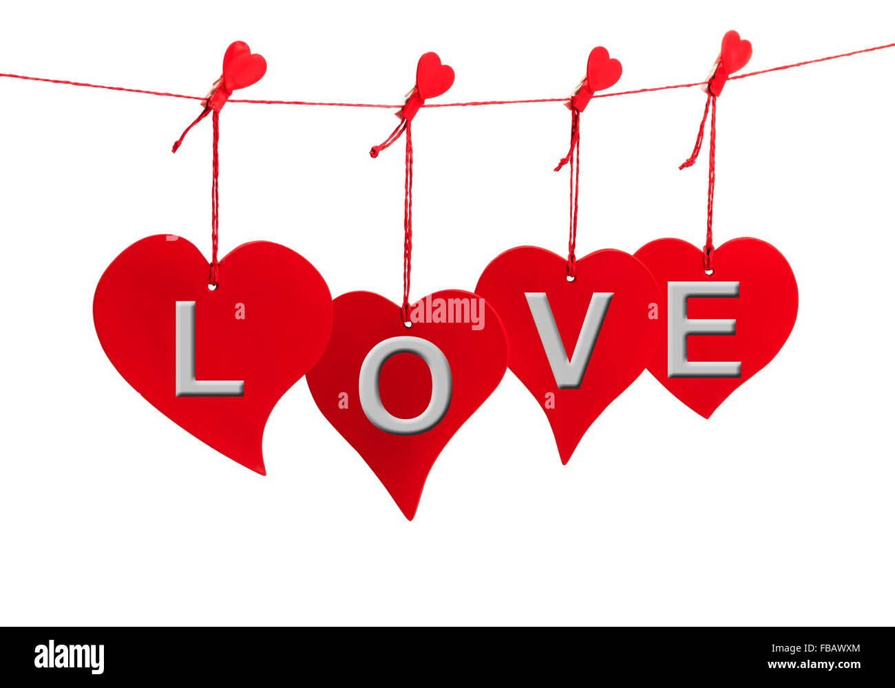 Four hanging red hearts with LOVE text in grey isolated on white background Stock Photo