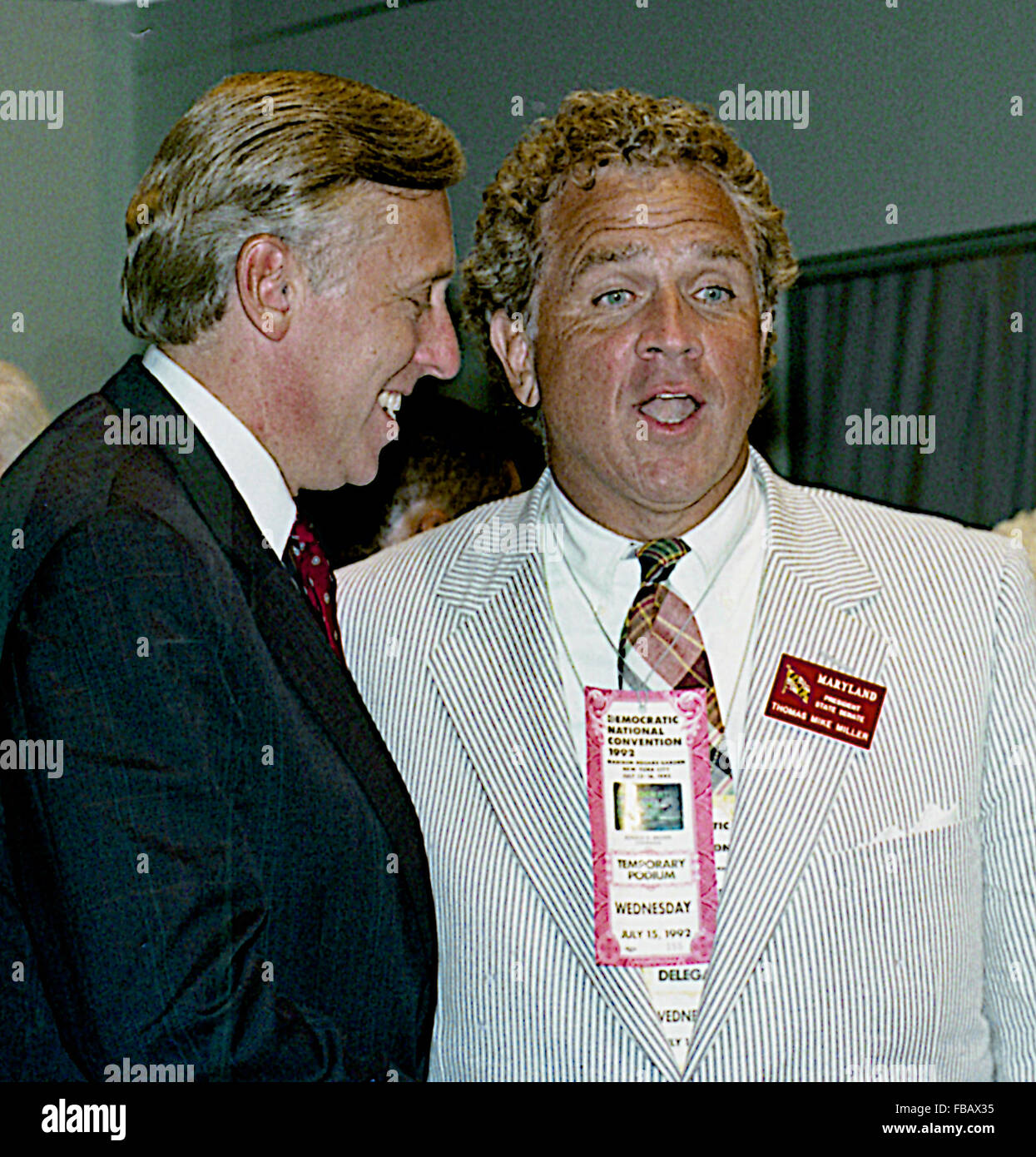 New York, NY., USA, 15th July, 1992 Congressman Steny Hoyer (D-MD) and Maryland State Senator Thomas 'Mike' Miller share a moment backstage at the Democratic National Convention in Madison Square Garden. Steny Hamilton Hoyer is the U.S. Representative for Maryland's 5th congressional district, serving since 1981. The district includes a large swath of rural and suburban territory southeast of Washington, D.C.. Thomas V. 'Mike' Miller, Jr. is the current president of the Maryland Senate Credit: Mark Reinstein Stock Photo