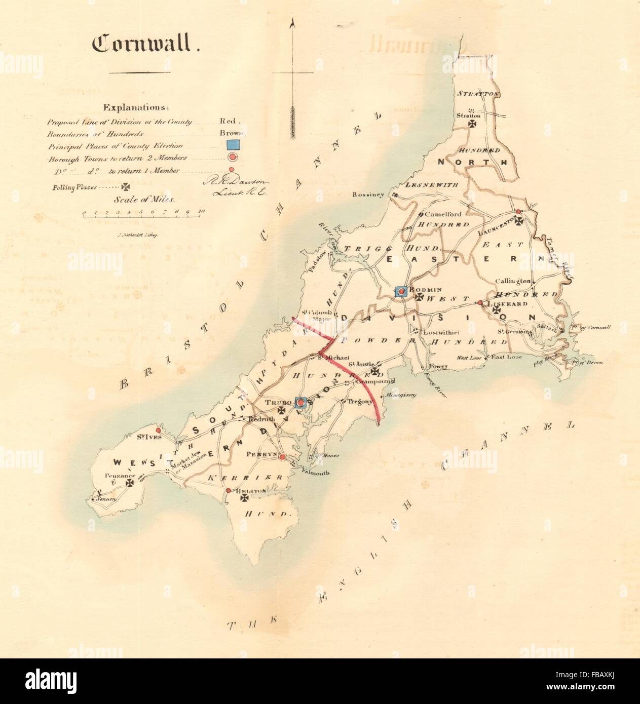 Cornwall county map. Divisions boroughs electoral. REFORM ACT. DAWSON