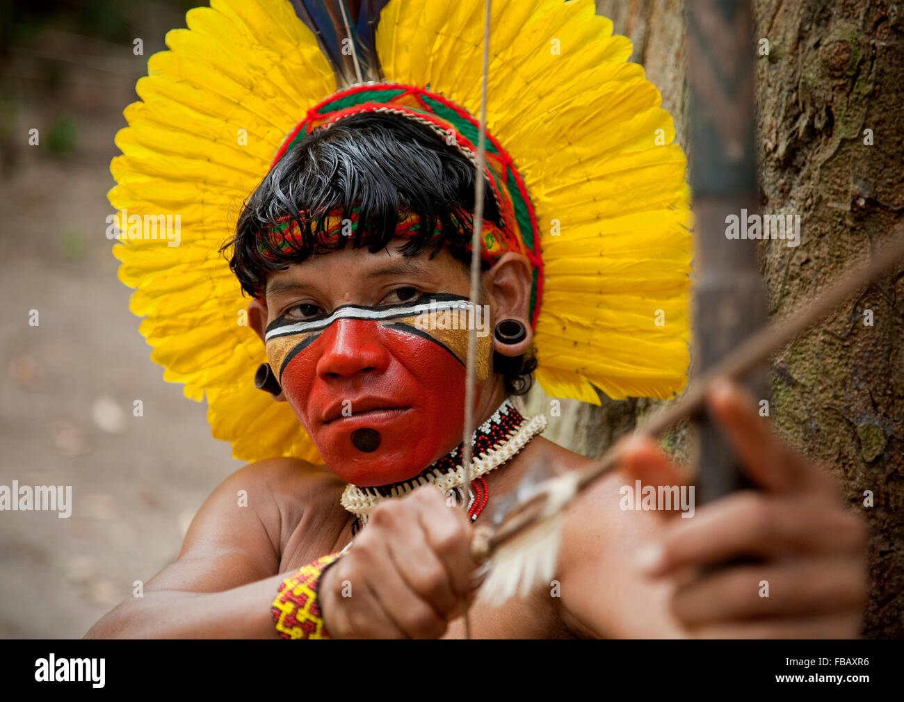 Pataxo Indian people at the Reserva Indigena da Jaqueira near Porto Seguro, Bahia, Brazil. Stock Photo