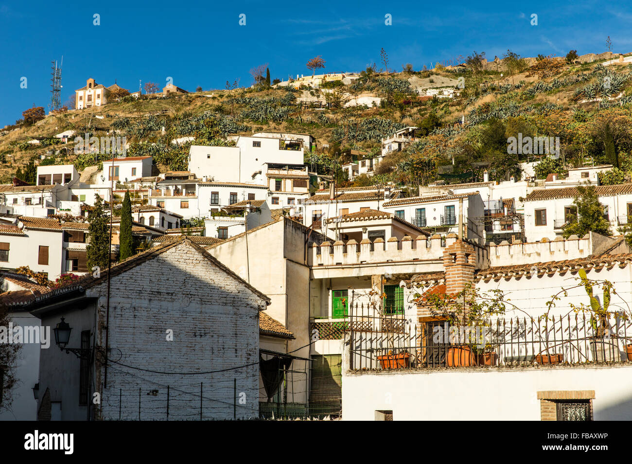 View of the Sacromonte area of Granada inhabited by Spanish gypsie with cactus plants white houses and caves visible Stock Photo