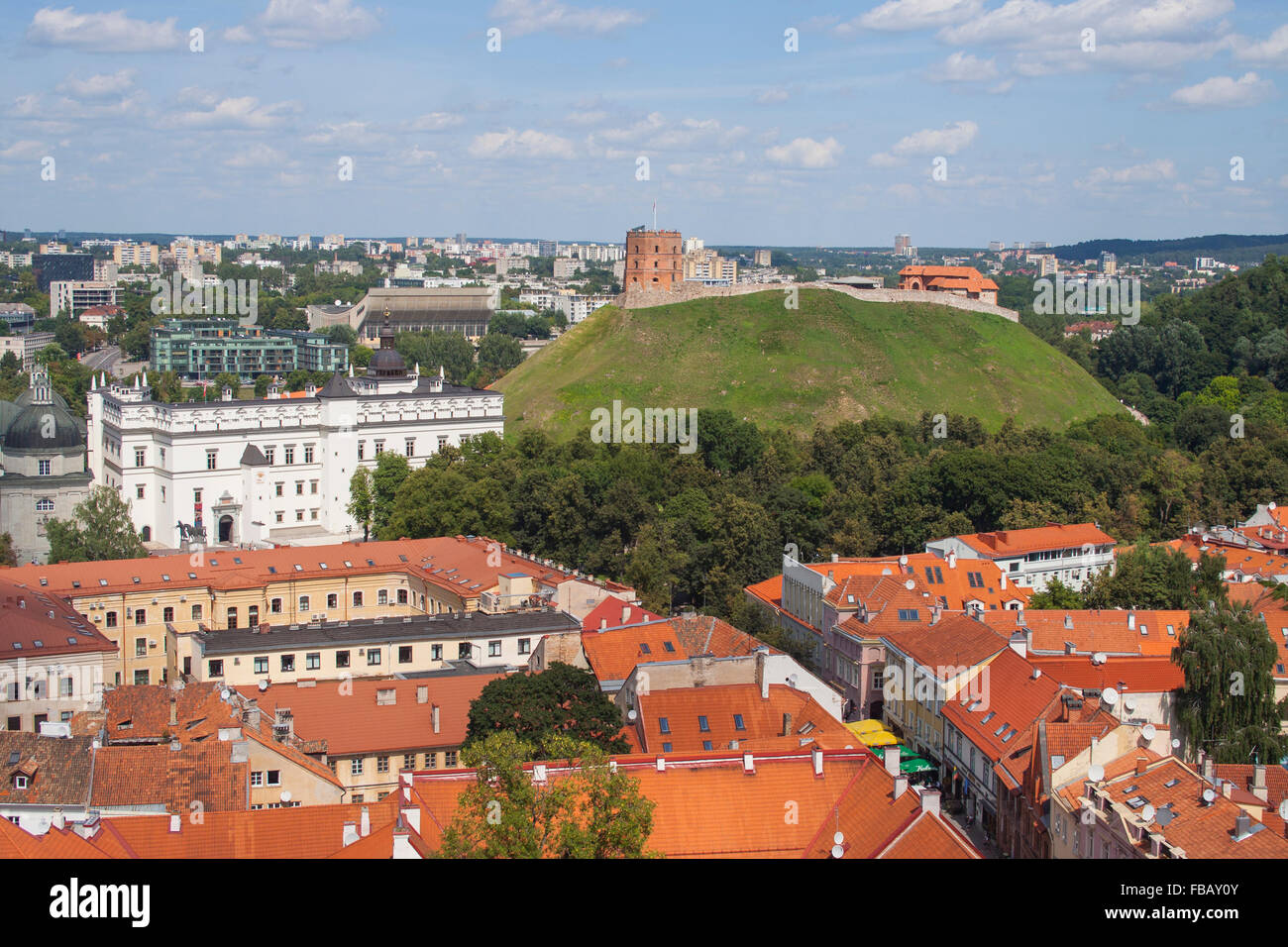 View of Old Town, Palace of the Grand Dukes and Gediminas Tower, Vilnius, Lithuania Stock Photo