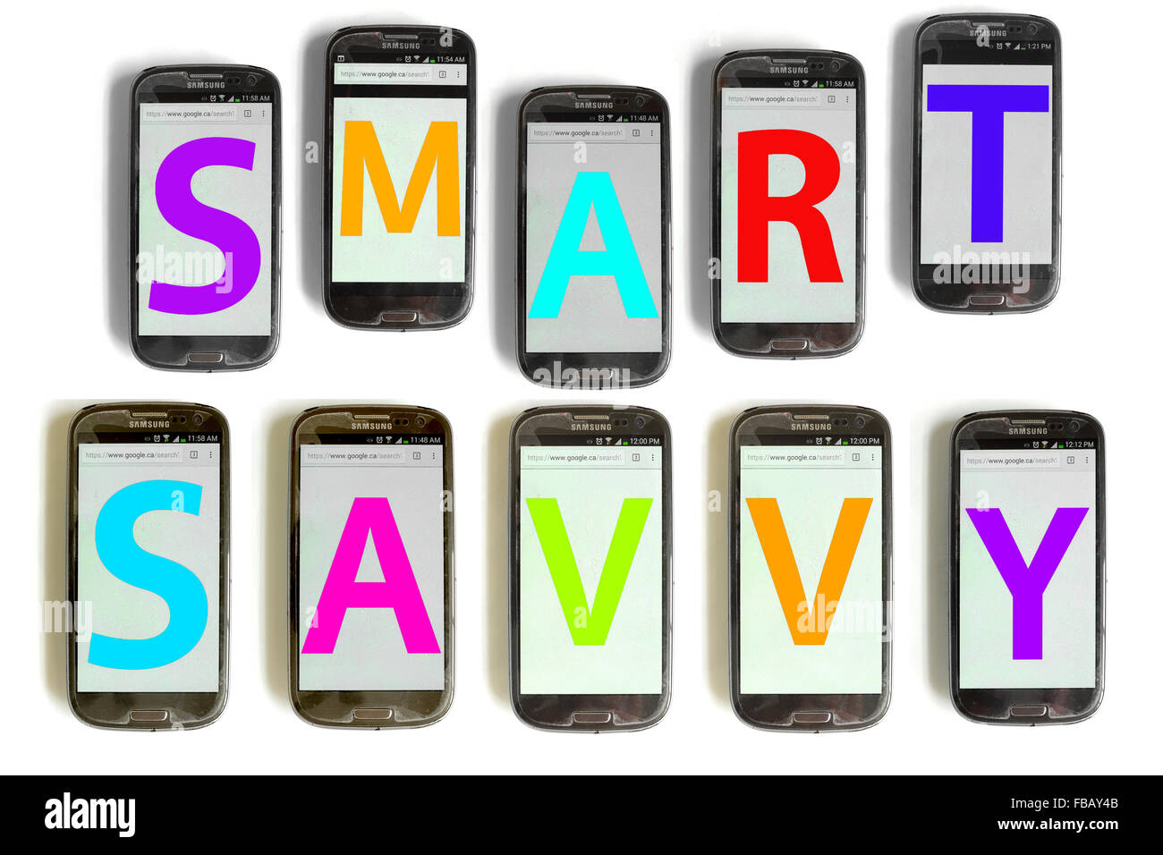 Smart Savvy spelled out on mobile phone screens photographed against a white background. Stock Photo