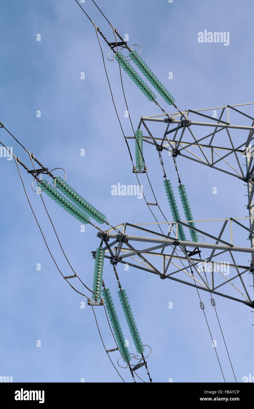 High voltage electric wires on the tower Stock Photo