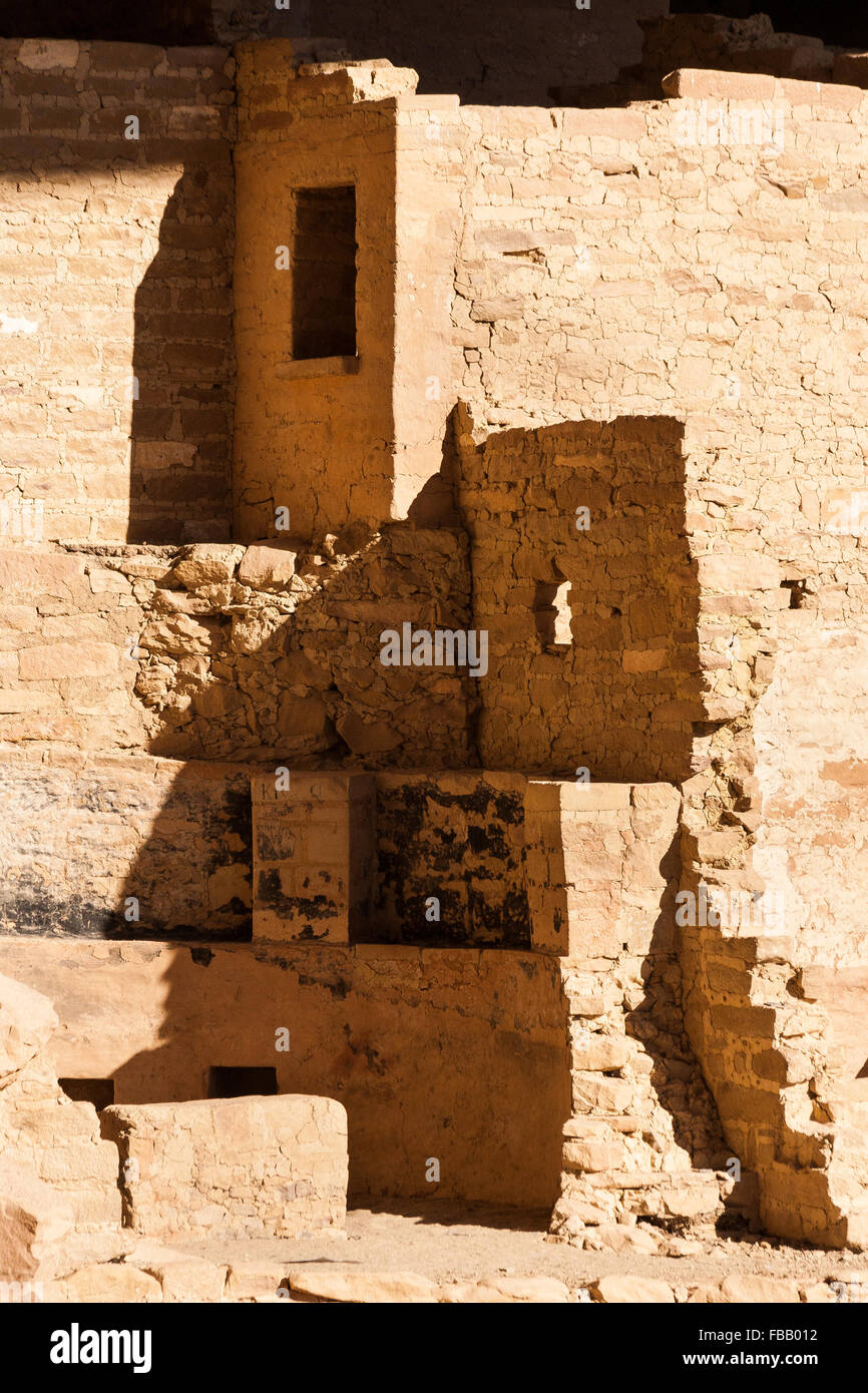 Ruins at the Cliff Palace of Mesa Verde National Park in Colorado stand intact after hundreds of years of weathering. Stock Photo