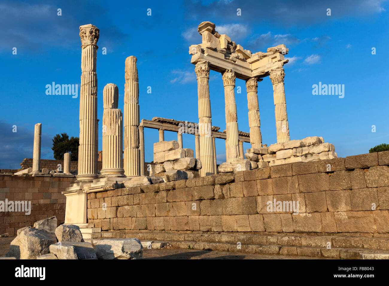 Sunset light at Trajan Temple with Corinthian columns at Pergamon  Acropolis, an ancient Greek city actually in Bergama, Stock Photo