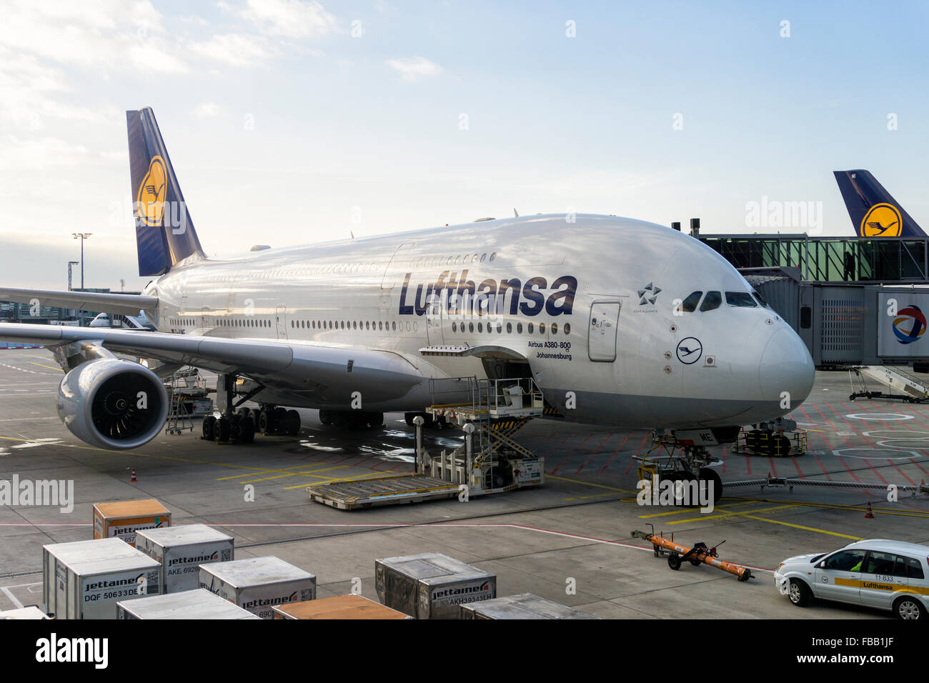 Airbus A 380-800 of Lufthansa docked at the airport Stock Photo