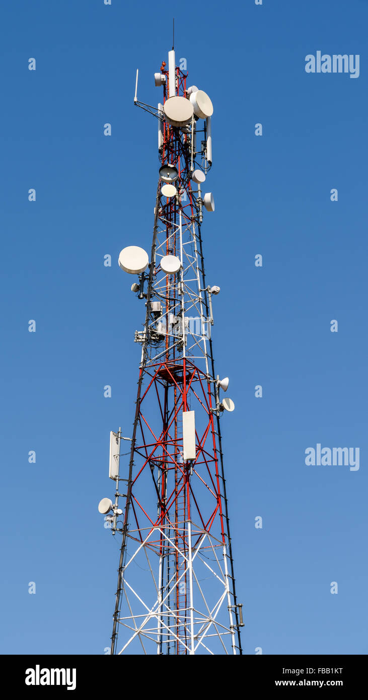 Broadcast Satellite Antenna Tower On Blue Sky Stock Photo Alamy