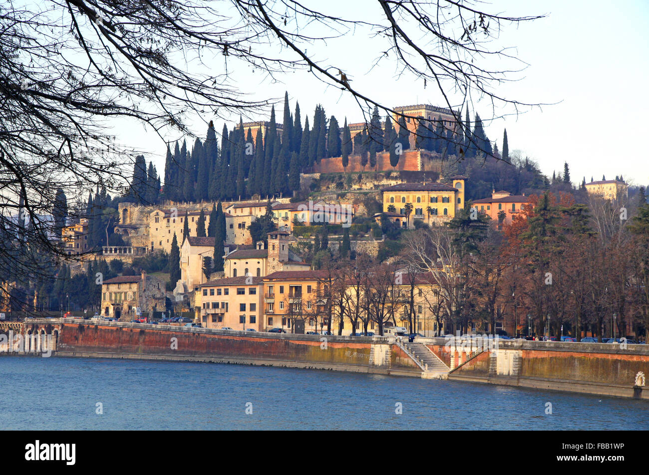 View to The Castel San Pietro and Adige river in Verona, Italy Stock Photo