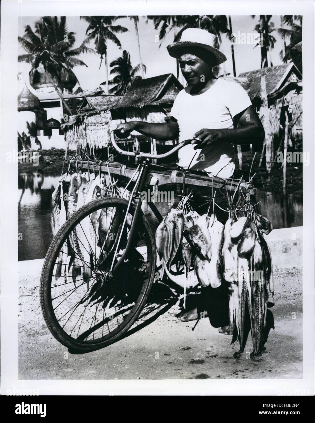 1972 - A fisherman in Zamboanga, Philippines, has a varied assortment of fish strategically hanging from his bicycle. It represents a morning's work in this paradise that abounds in fish, wild orchids, coral and pearls, in an unexcelled climate. © Keystone Pictures USA/ZUMAPRESS.com/Alamy Live News Stock Photo