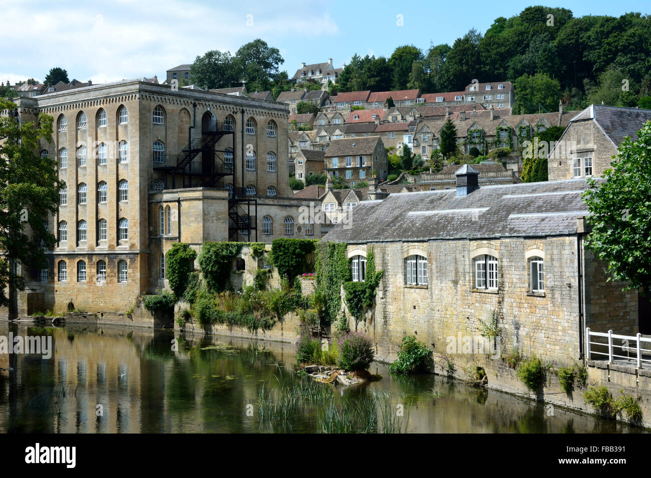View of Bradford-on-Avon, Wiltshire, UK. A riverside view of the town alongside the River Avon Stock Photo