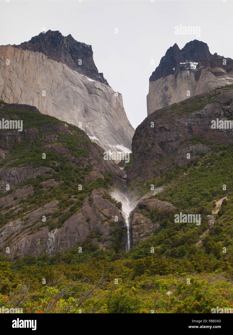 Waterfall and Los Cuernos Del Paine, Torres Del Paine National Park Stock Photo
