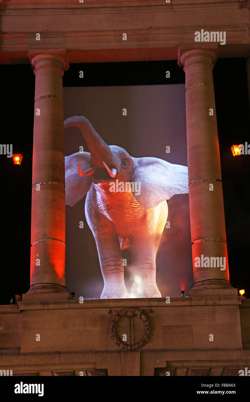 London, UK. 13th January 2016. Elephantastic by Catherine Garret of Top'la Design, part of the Lumiere London Festival. Londoners were treated to a sneak preview of the Lumiere London Festival 2016 as the light art installations were installed and tested the day before the start of the festival. Credit:  Paul Brown/Alamy Live News Stock Photo