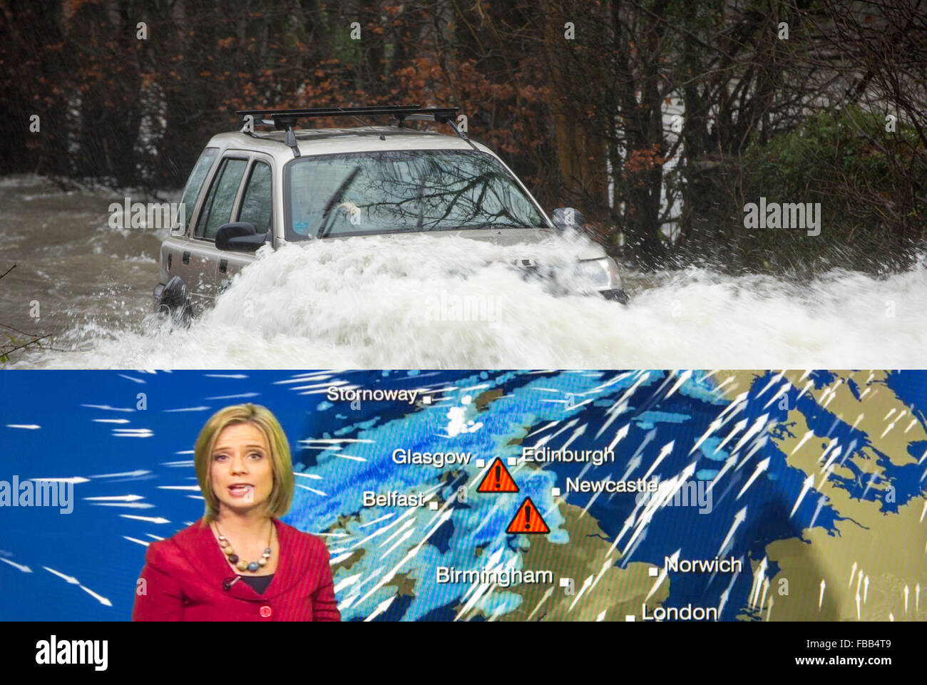 A composite image of the Storm Desmond weather forecast and its impacts, here a car going through flood waters on the Ambleside, Stock Photo