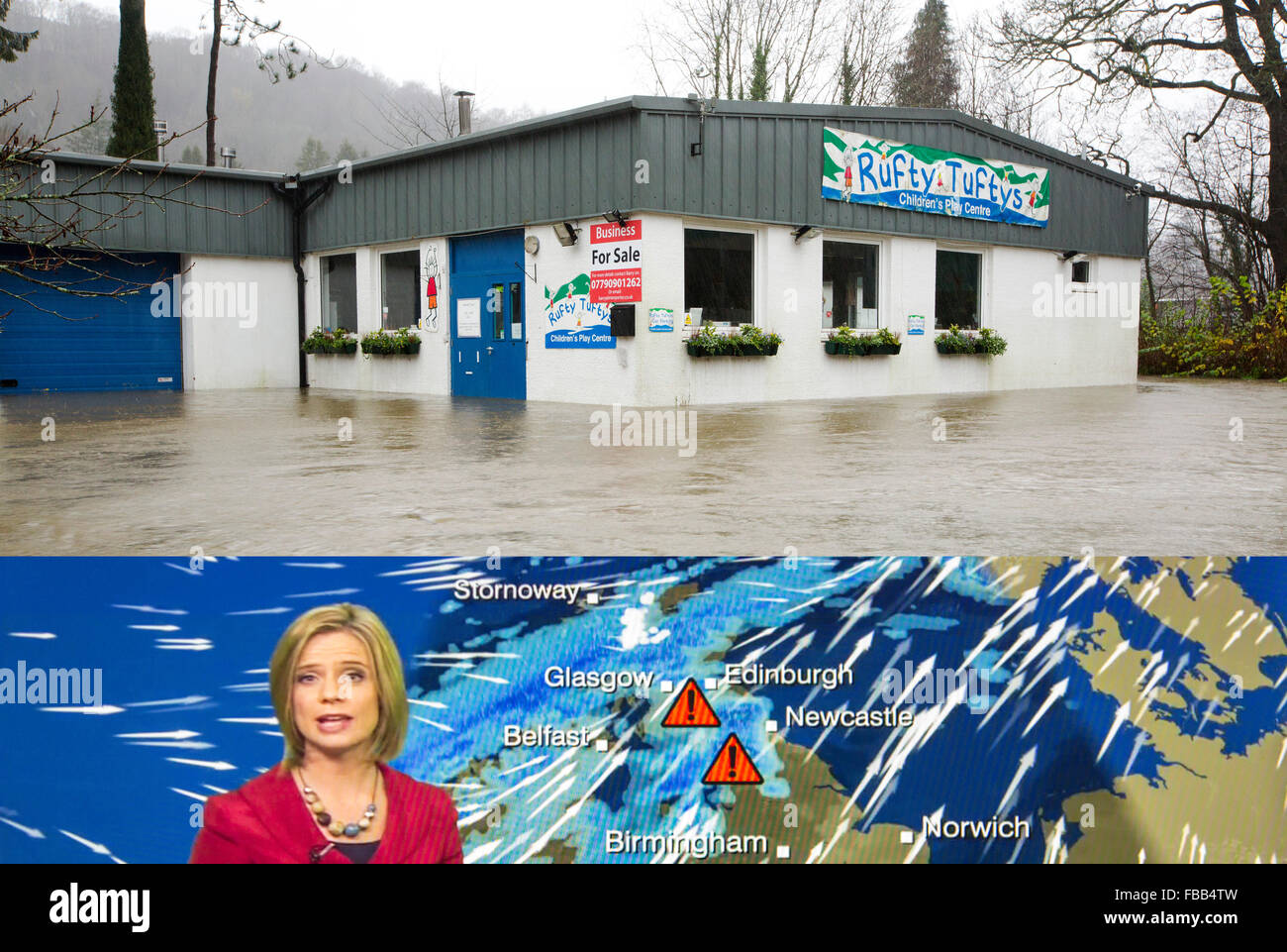 A composite image of the Storm Desmond weather forecast and its impacts, here a childrens play centre surrounded by flood waters Stock Photo